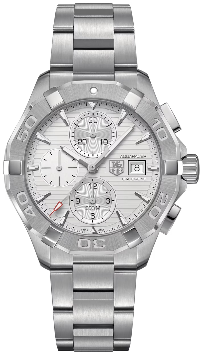 Reloj de Hombre Tag Heuer Aquaracer Cronógrafo Automático Esfera Blanca Correa de Acero Plateado Cay2111 Ba0927