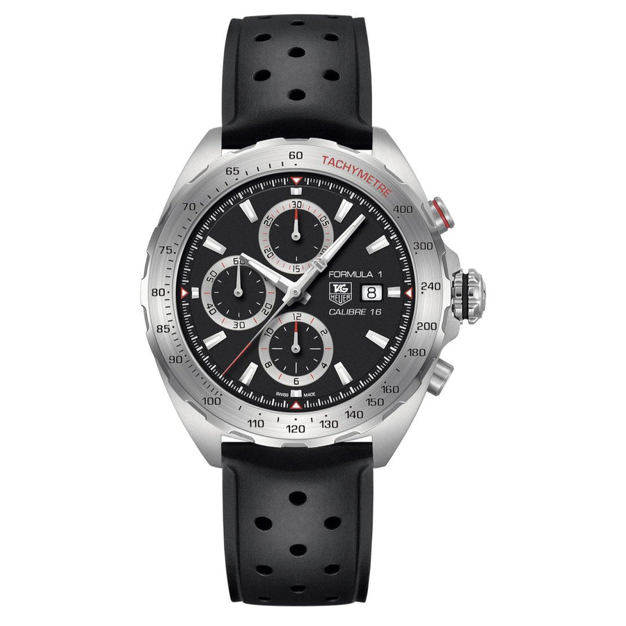 Tag Heuer Formula 1 Cronógrafo 43mm Reloj Automático para Hombre, Caja de Acero Inoxidable con Correa de Caucho Negra, Esfera Negra