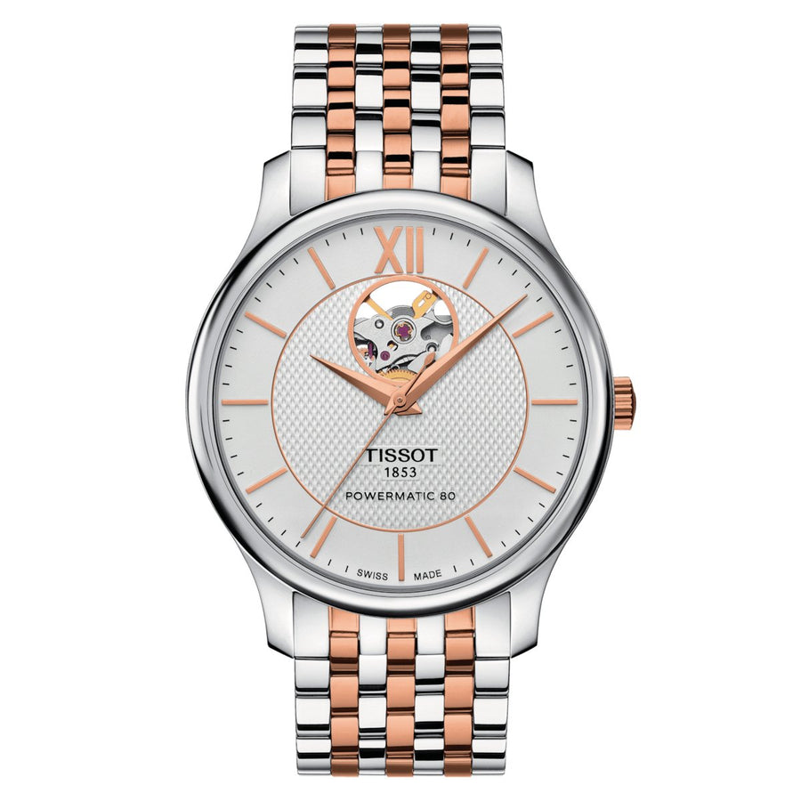 Reloj Tissot para hombre Tradition Powermatic 80 Open Heart Rose Silver T0639072203801