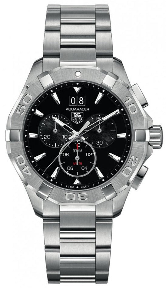 Reloj de hombre Tag Heuer Aquaracer de cuarzo con cronógrafo, esfera negra y correa de acero plateado Cay1110 Ba0927