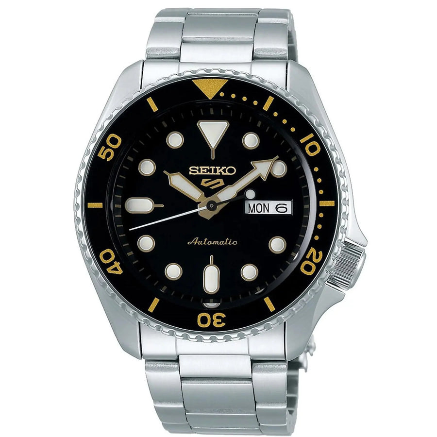 Reloj Seiko 5 Sports automático para hombre con esfera negra y brazalete de acero inoxidable plateado Srpd57k1