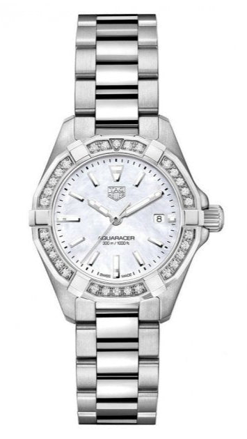 Reloj de mujer Tag Heuer Aquaracer de acero plateado con esfera blanca de nácar y diamantes WBD1413 BA0741