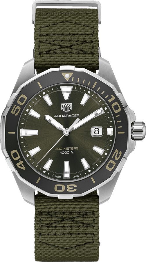Reloj Tag Heuer Aquaracer de Esfera Negra con Correa NATO Verde Caqui para Hombre Way101e Fc8222