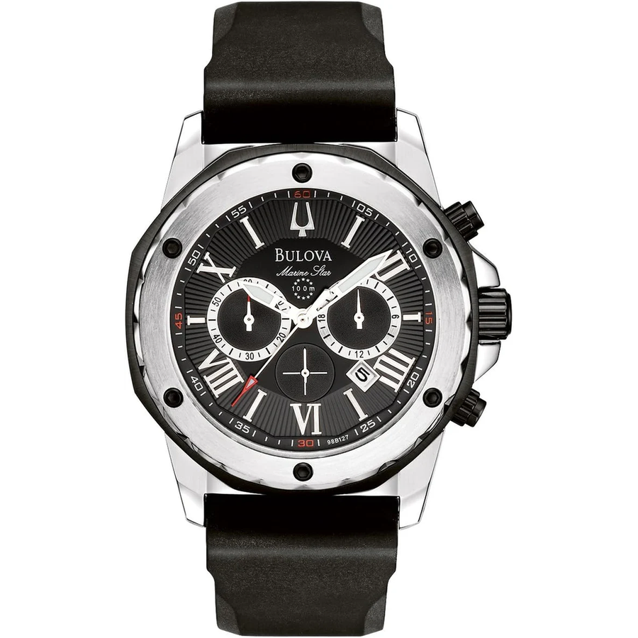Reloj de pulsera Bulova Marine Star para hombre con cronógrafo, esfera negra y correa de caucho negra, modelo 98b127